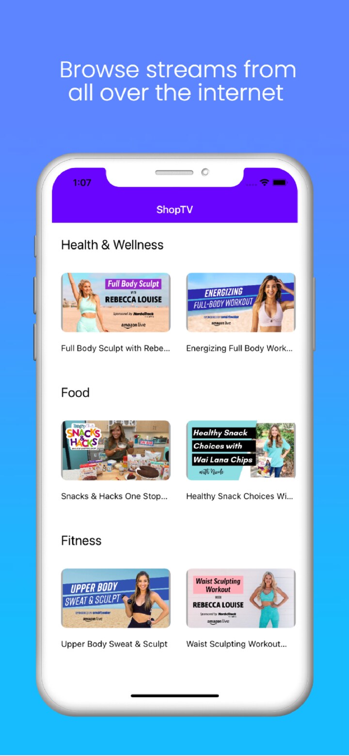 ShopTV dashboard showing live shopping stream categories