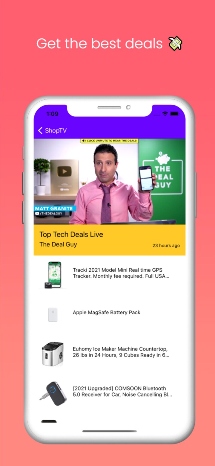 Video screen showing a deals-focused stream and product list